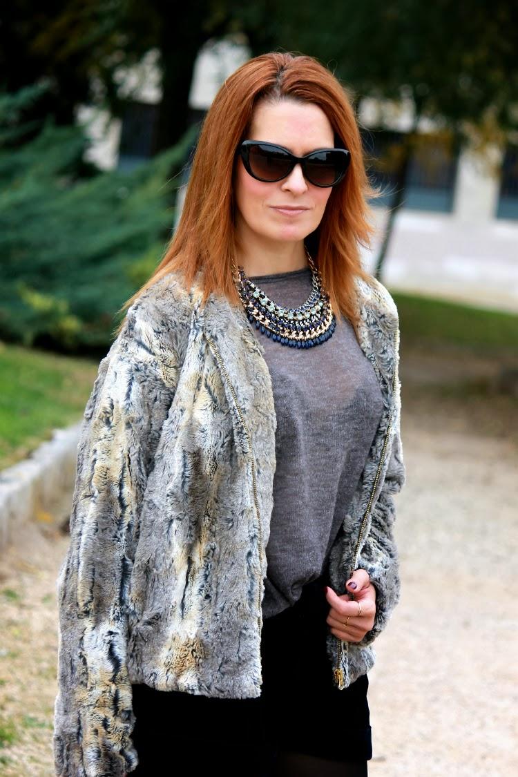 Fur jacket + Velvet shorts + Leopard bag