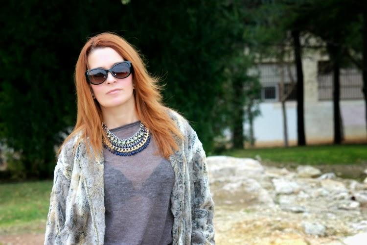 Fur jacket + Velvet shorts + Leopard bag