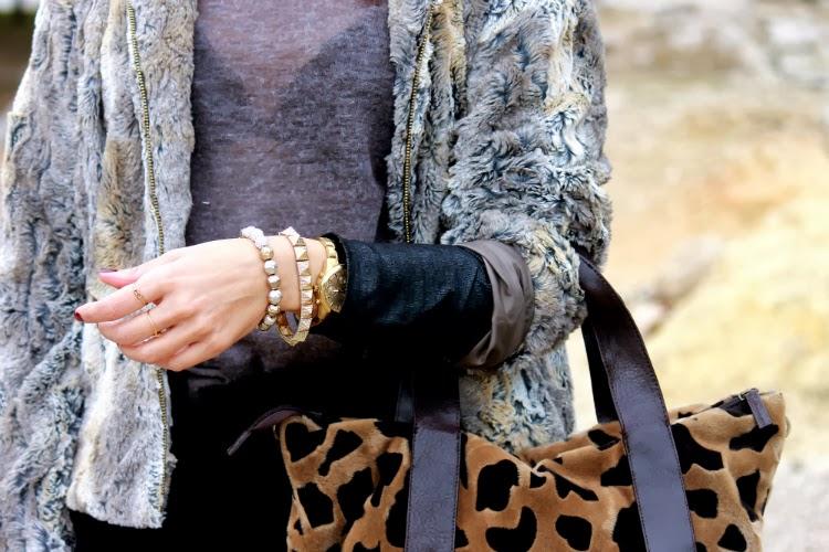 Fur jacket + Velvet shorts + Leopard bag