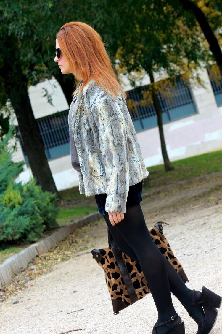 Fur jacket + Velvet shorts + Leopard bag