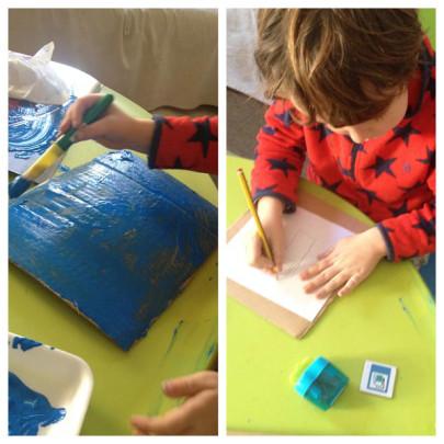 Composición de fotos que reproducen a Momo pintando la señal de gasolinera