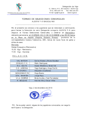 Torneo Selecciones Comarcales Gallegas: Convocatorias partidos 6 de Diciembre 2013