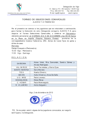 Torneo Selecciones Comarcales Gallegas: Convocatorias partidos 6 de Diciembre 2013