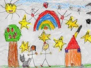 dibujo infantil: sol, estrellas y arco iris