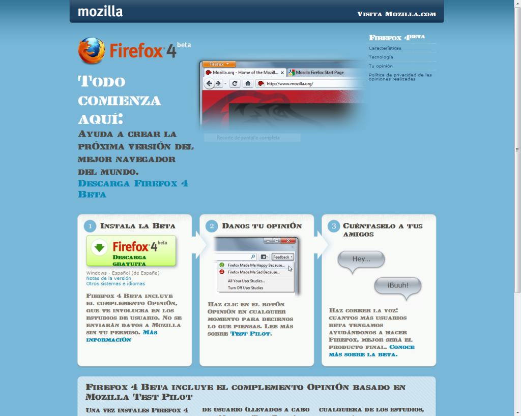 Mozilla Firefox version 4.0 beta 4 tiene mas velocidad 2D y la utilidad Tab Candy
