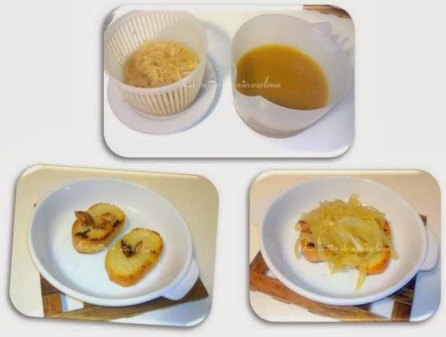 Sopa de cebolla y caldo de boletus al estilo francés