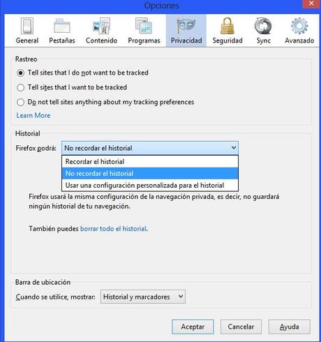 activar navegación privada en firefox