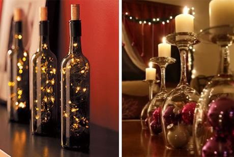 Centros de mesa para Navidad con copas y velas y botellas de vino y luces