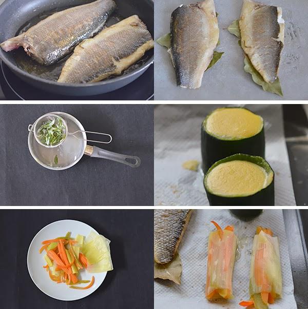 Lubina al horno con salsa de pimienta, crema de maíz y verduras al vapor