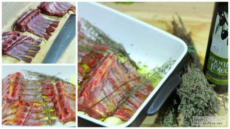 Carret de cabrito con tomillo y su guarnición, cocinado con aceite de oliva virgen extra de los montes de Toledo