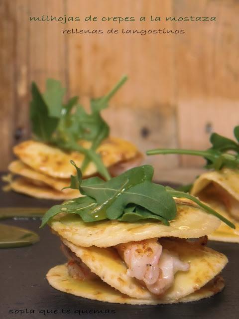 MILHOJAS DE CREPES A LA MIEL RELLANAS DE LANGOSTINOS