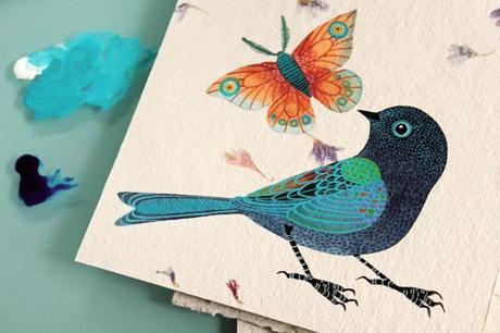 Acuarela de pájaro y mariposa de Geninne