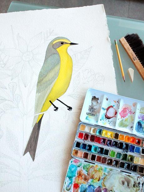 Acuarela de pájaro grande amarillo de Geninne