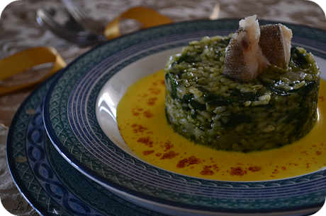 Receta para navidad: Arroz de espinacas con Bacalao sobre crema de azafran