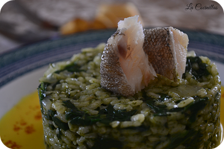 Receta para navidad: Arroz de espinacas con Bacalao sobre crema de azafran
