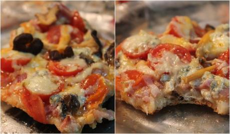 Pizza con bacon, queso azul y tomatitos cherry catshjoglfkhfh