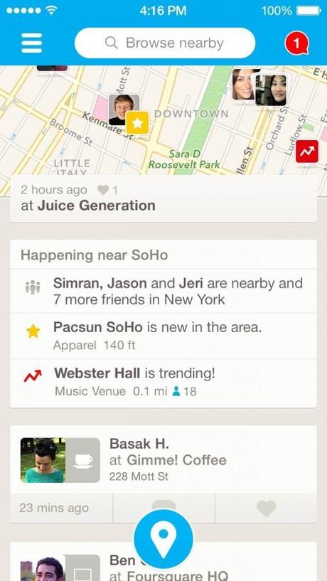 Foursquare se actualiza adoptando el estilo de iOS 7 Foursquare iOS 7 576x1024 Foursquare se actualiza adoptando el estilo de iOS 7