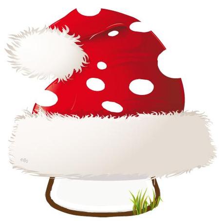Ilustración de un gorro de Papá Noel convertido en una amanita muscaria, la seta roja de lunares blancos.