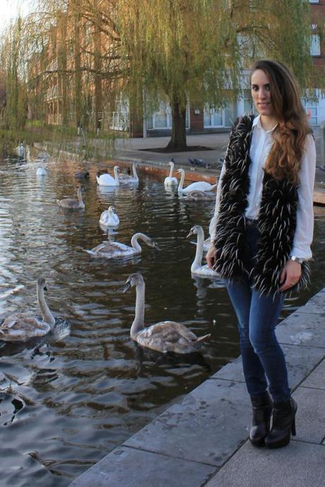 Fur vest, white shirt and bangle with quote Image Hosted by ImageShack.us