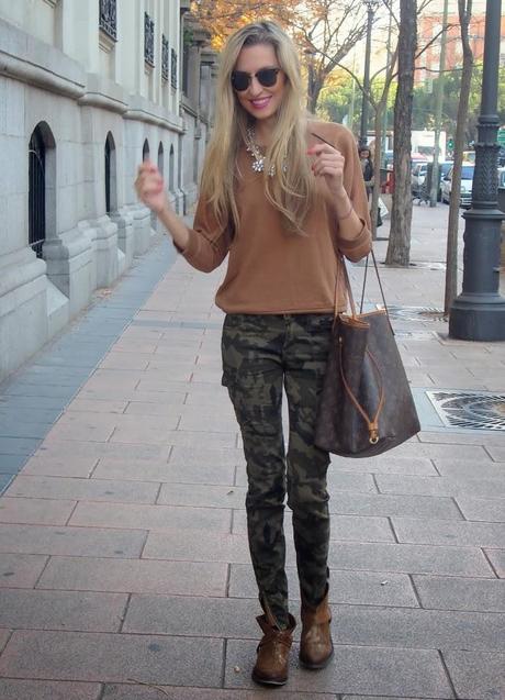 Camo pants, sweatshirt and joy necklace