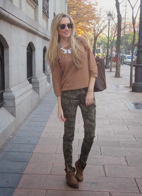 Camo pants, sweatshirt and joy necklace