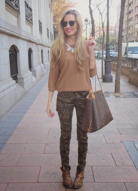 Camo pants, sweatshirt and joy necklace