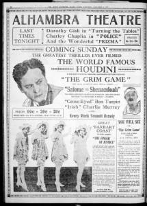 Publcicidad aparecida en la prensa norteamericana sobre una actuación de Houdini. 8 de noviembre de 1919