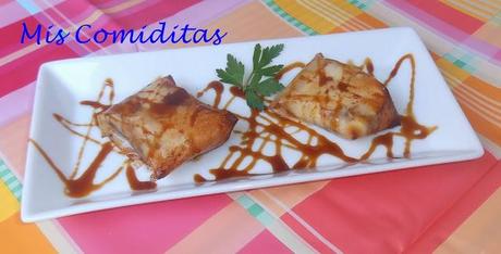 PAQUETITOS DE QUESO CABRA CON CEBOLLA CARAMELIZADA Y MIEL