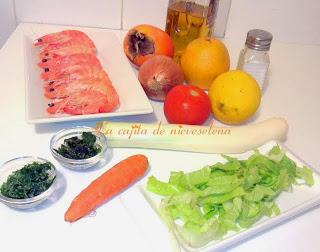 Ceviche de langostinos y caqui con aliño de cítricos y aroma de azafran