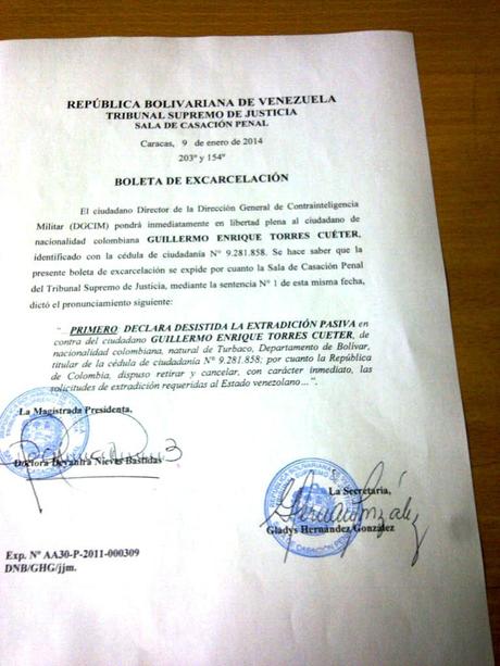 Boleta de Excarcelación expedida por la Sala de casación Penal del TSJ de la República Bolivariana de Venezuela