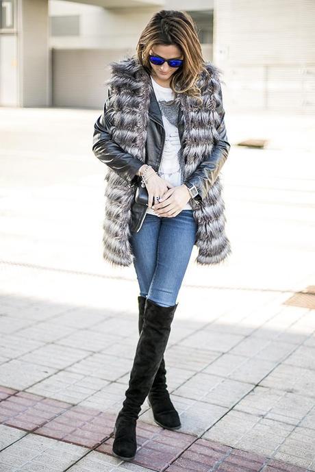 OUTFITS, faux fur vest, oversized leather jacket, chaqueta oversized piel zara, camiseta rock mango, jeans jbrand, Aristocrazy, dime que me quieres, Knockaround, stuart weitzman 50/50 boots, another stories, cristina blanco blog, guiadeestilo, guia de estilo blog, spanish fashion blog