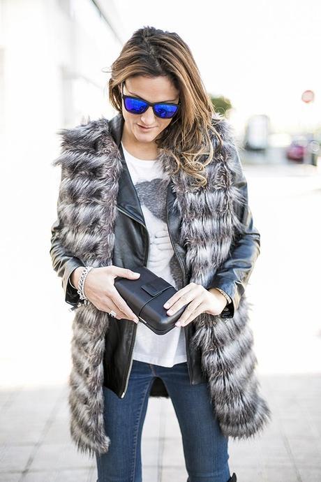 OUTFITS, faux fur vest, oversized leather jacket, chaqueta oversized piel zara, camiseta rock mango, jeans jbrand, Aristocrazy, dime que me quieres, Knockaround, stuart weitzman 50/50 boots, another stories, cristina blanco blog, guiadeestilo, guia de estilo blog, spanish fashion blog