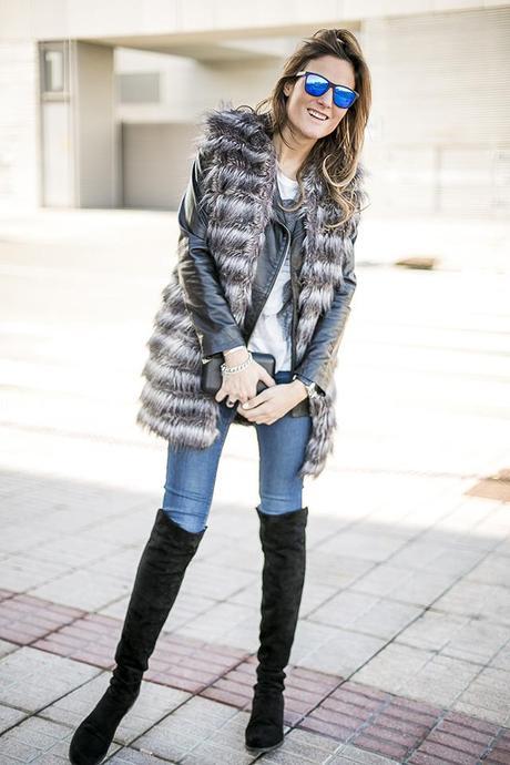 OUTFITS, faux fur vest, oversized leather jacket, chaqueta oversized piel zara, camiseta rock mango, jeans jbrand, Aristocrazy, dime que me quieres, Knockaround, stuart weitzman 50/50 boots, another stories, cristina blanco blog, guiadeestilo, guia de estilo blog, spanish fashion blog