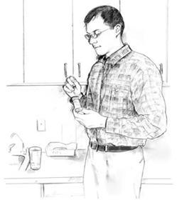 Ilustración de un hombre sacando una píldora de un frasco.