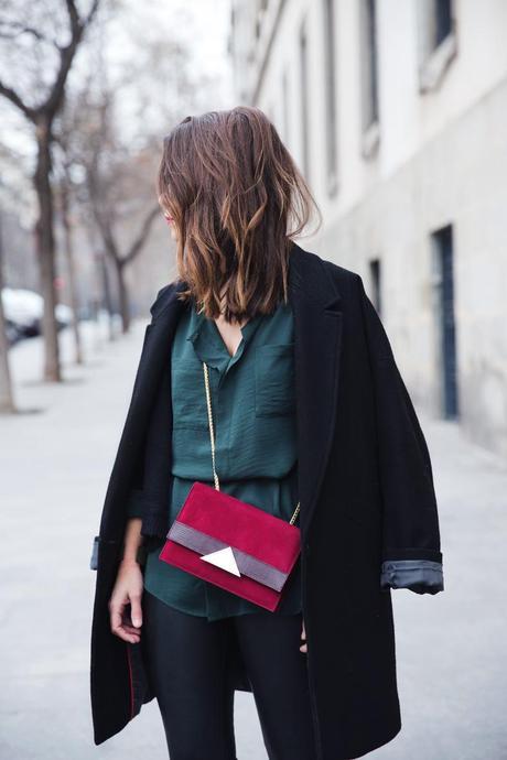 Green, Burgundy & Black Leather_Trousers-Black_Coat-Gree_Shirt-Burgundy-Outfit-Street_style-1