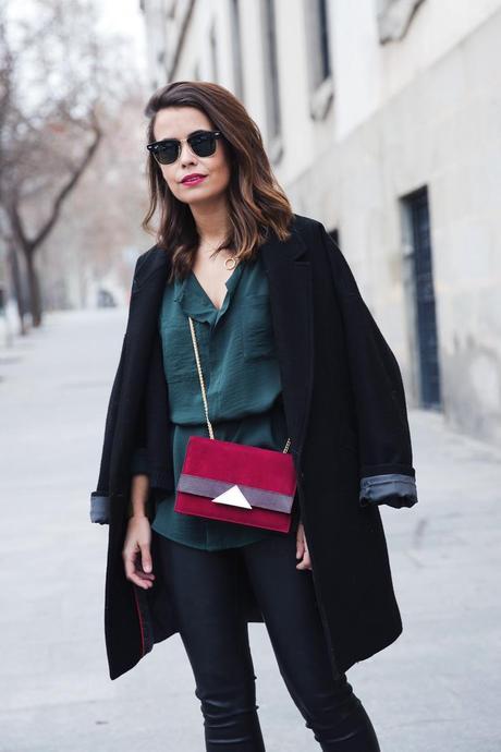Green, Burgundy & Black Leather_Trousers-Black_Coat-Gree_Shirt-Burgundy-Outfit-Street_style-14