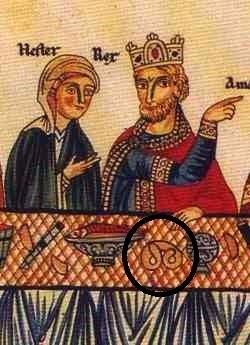 Escena de un banquete en el que participan la reina Ester y su esposo el rey persa Asuero/Jerjes.En el detalle marcado podemos apreciar la figura de un bretzel