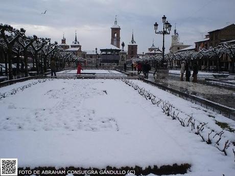 NEVADAlcalá: Bella y gélida estampa nevada, invernal y navideña de la Plaza Mayor de Cervantes o del Mercado Viejo de la Ciudad de Alcalá de Henares.