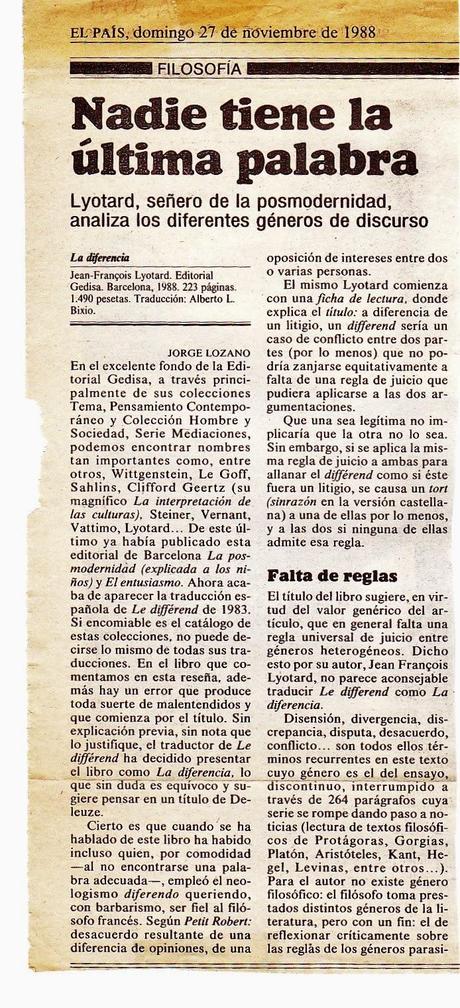 HEMEROTECA: otra reseña de un libro de Lyotard (1988)