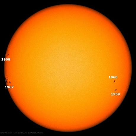 Manchas solares actuales y ubicación de la 1967 con respecto al disco solar
