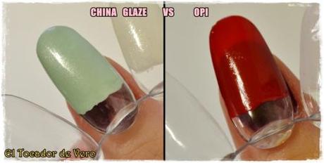 Comparativa de cobertura entre un tono claro de China Glaze (Keep calm paint on) y otro más intenso de OPI (The Thrill of Brazil)