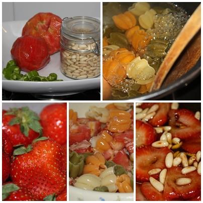 Ensalada de pasta con vinagreta de fresas y piñones