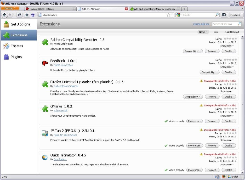 Mozilla Firefox 4 Beta soporta un monton de extensiones