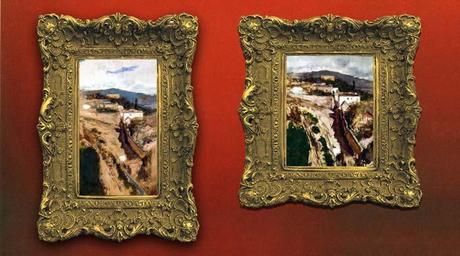 Idénticos paisajes cuelgan juntos. Izq: «Vista de Granada», Marià Fortuny (1870/1872). Dcha: «Paisaje de Oloron-sur-Seine» Édouard Manet (1871).