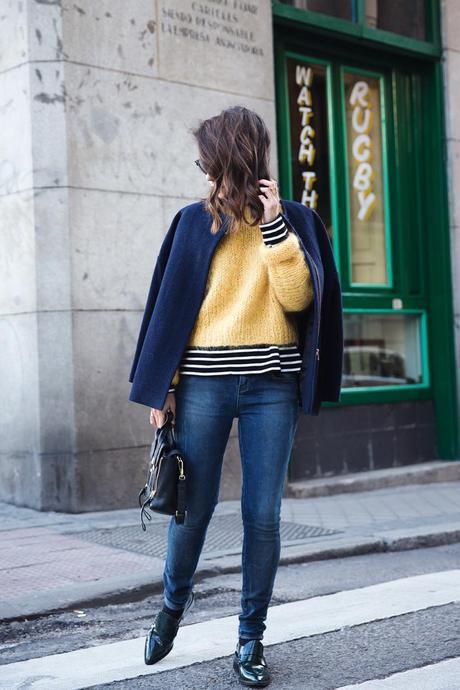 Yellow & Stripes Yellow_Sweater-Striped_Top-Jeans-Flippa_K-Coat-Girissima-Street_Style-Loafers-Outfit-20