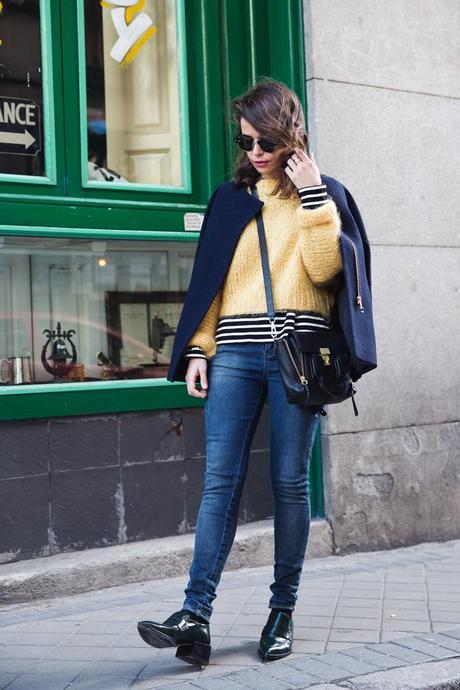 Yellow & Stripes Yellow_Sweater-Striped_Top-Jeans-Flippa_K-Coat-Girissima-Street_Style-Loafers-Outfit-15