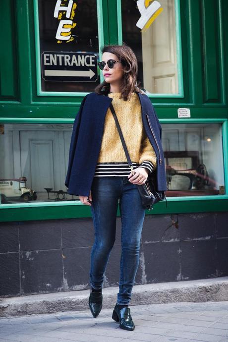 Yellow & Stripes Yellow_Sweater-Striped_Top-Jeans-Flippa_K-Coat-Girissima-Street_Style-Loafers-Outfit-11
