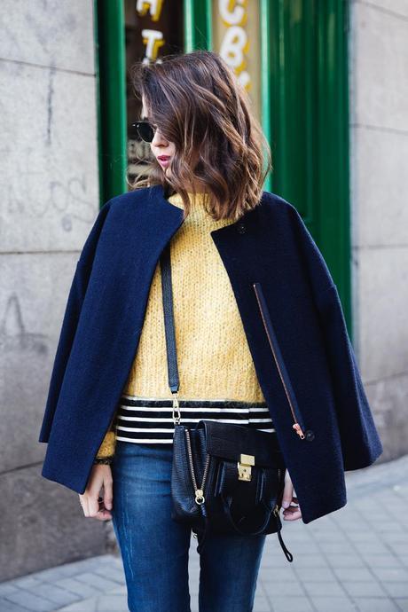 Yellow & Stripes Yellow_Sweater-Striped_Top-Jeans-Flippa_K-Coat-Girissima-Street_Style-Loafers-Outfit-4