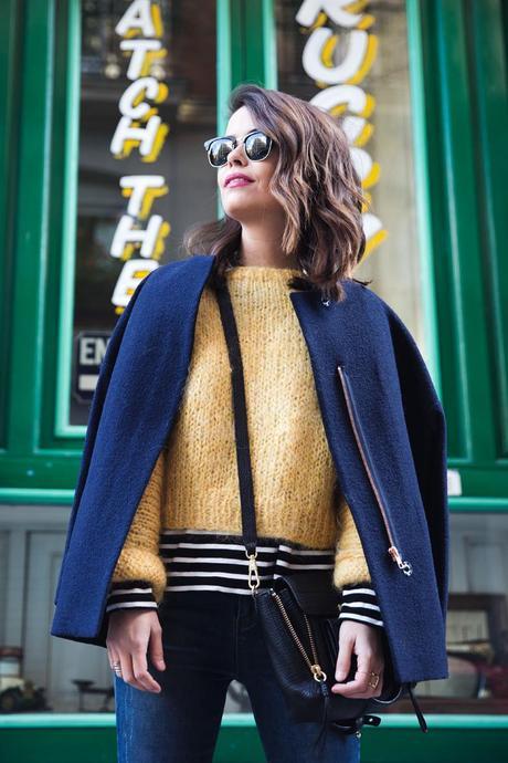 Yellow & Stripes Yellow_Sweater-Striped_Top-Jeans-Flippa_K-Coat-Girissima-Street_Style-Loafers-Outfit-7