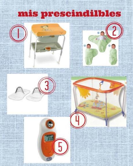 mosaico de prescindibles: bañera cambiador, manta para liarlos, pezoneras, parque, termometro de frente